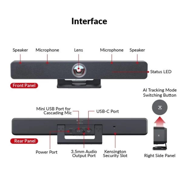 AnyCo V8 All-in-One Video Bar w/ 4K AI Tracking Camera, 4-Mic Array, Dual Stereo Speakers, Works with Cascaded Mics for Large Conference Room - Image 3