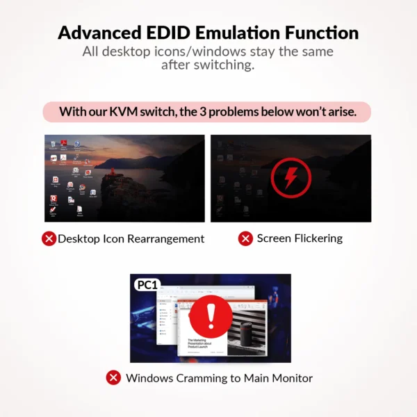 USB-C KVM Switch Docking Station for 2 PCs & 2 Monitors, 100W PD for Laptop, EDID Emulation, High Refresh Rates for Home Office & Gaming        KD-E10 - Image 4