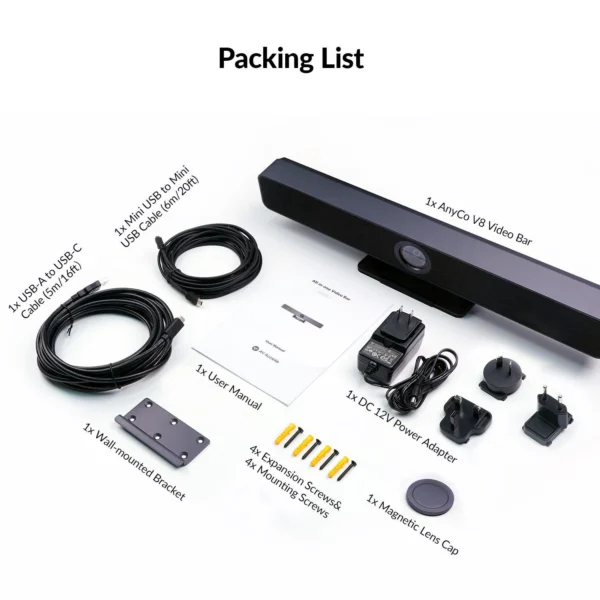 AnyCo V8 All-in-One Video Bar w/ 4K AI Tracking Camera, 4-Mic Array, Dual Stereo Speakers, Works with Cascaded Mics for Large Conference Room - Image 6